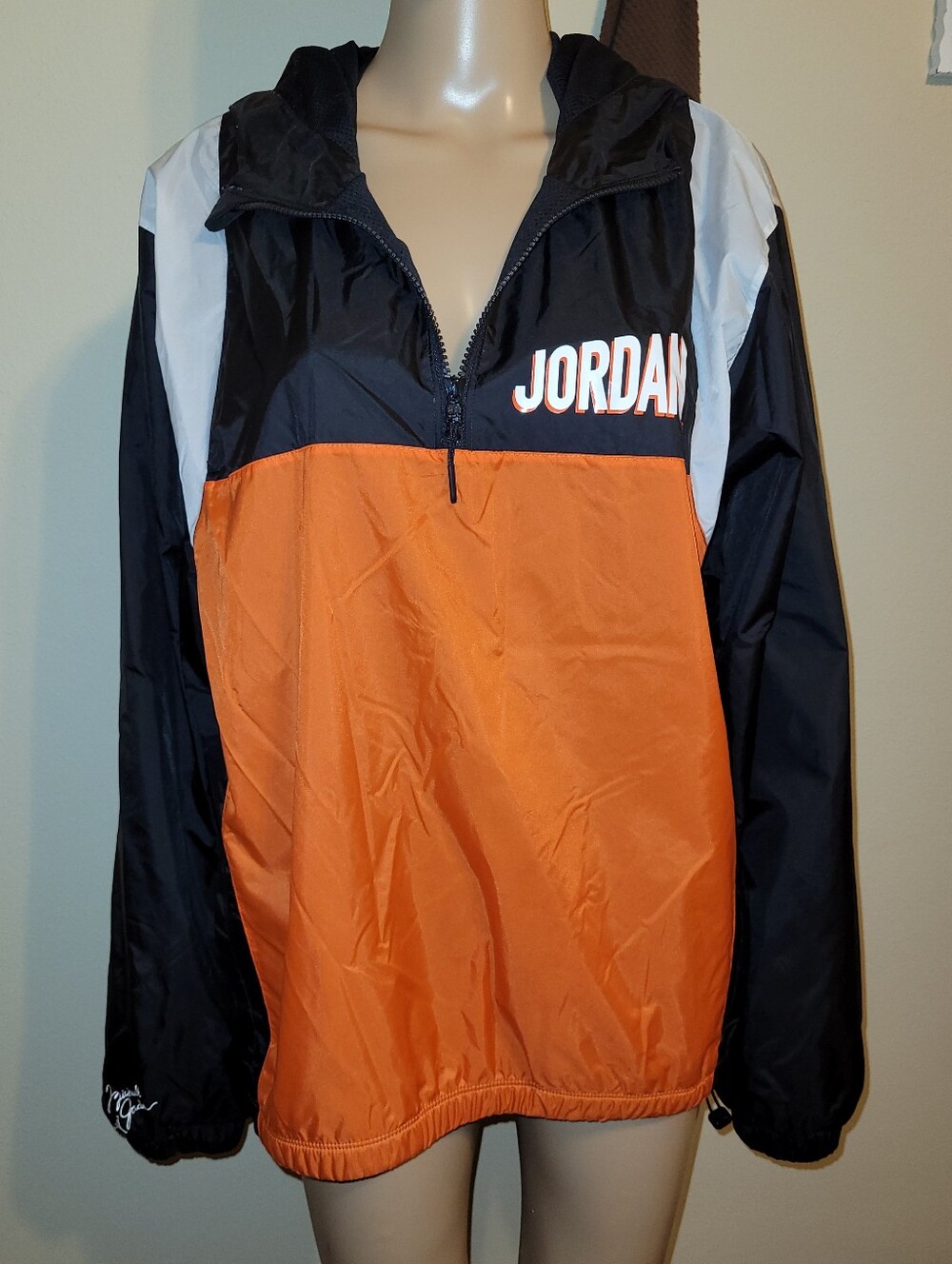 Jordan Orange Black White Colorblock Pullover Windbreaker. Size Medium